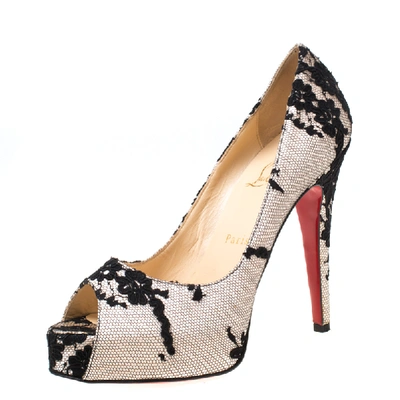 Pre-owned Christian Louboutin Black/light Pink Lace And Satin Very Prive Peep Toe Pumps Size 38