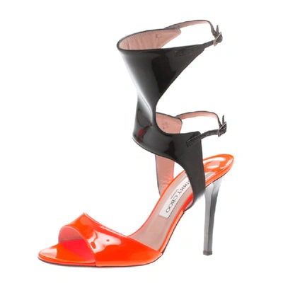 Pre-owned Jimmy Choo Orange And Black Patent Leather Loop Ankle Cuff Open Toe Sandals Size 38