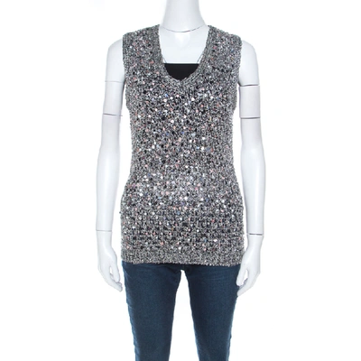 Pre-owned Zac Posen Grey Sequin Paillette Embellished Knit Vest L In Silver