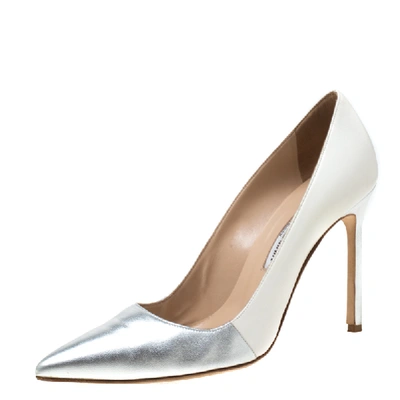 Pre-owned Manolo Blahnik Metallic Silver And White Leather Bb Pointed Toe Pumps Size 39