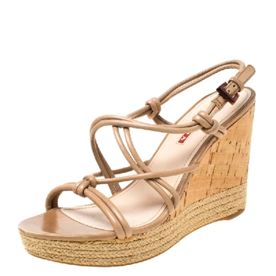 Pre-owned Prada Beige Leather Strappy Cork Wedge Espadrille Platform Sandals Size 37.5