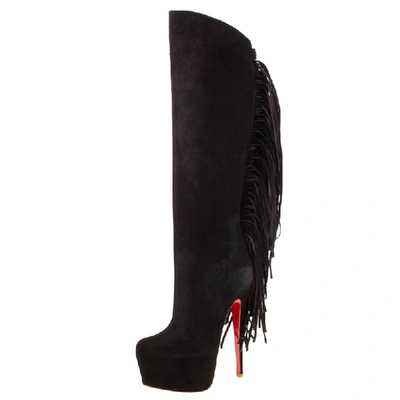 Pre-owned Christian Louboutin Brown Suede Interlopa Fringe Detail Knee Length Platform Boots Size 37