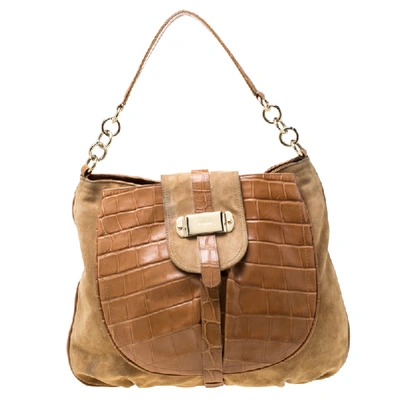 Pre-owned Furla Tan Suede And Croc Embossed Leather Hobo