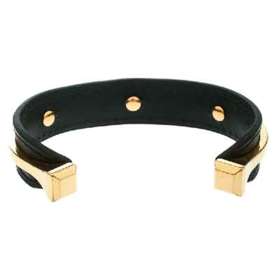 Pre-owned Hermes Black Leather Gold Plated Open Cuff Bracelet