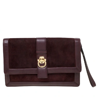 Pre-owned Ferragamo Burgundy Suede And Leather Clutch