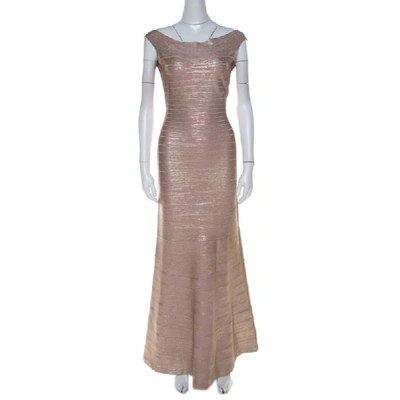 Pre-owned Herve Leger Rose Gold Foil Print Sophia Bandage Mermaid Gown S In Pink