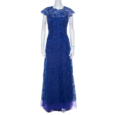 Pre-owned Tadashi Shoji Royal Blue Lace Cap Sleeve Milien Evening Dress M