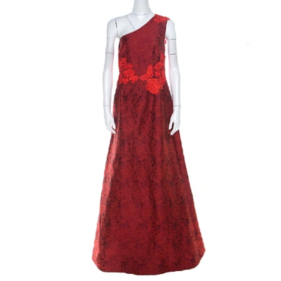 Pre-owned Monique Lhuillier Red Lace & Jacquard One Shoulder Evening Dress L