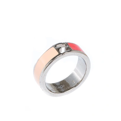 Pre-owned Fendi Sta Bi-color Enamel Silver Tone Band Ring Size 51 In Multicolor