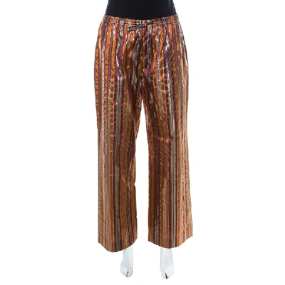 Pre-owned Celine Brown Metallic Striped Silk Straight Fit Trousers L