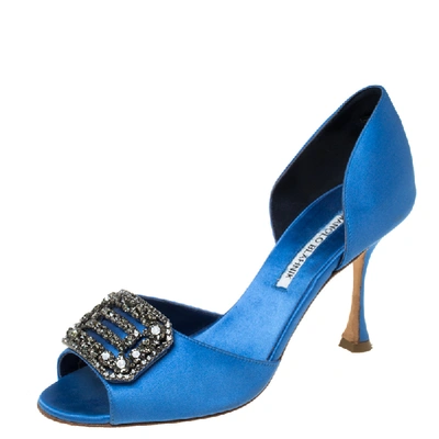 Pre-owned Manolo Blahnik Blue Satin Alicia Embellished Peep Toe Sandals Size 37