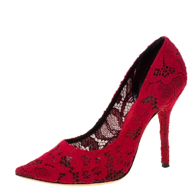 Pre-owned Dolce & Gabbana Red Lace Pointed Toe Pumps Size 40