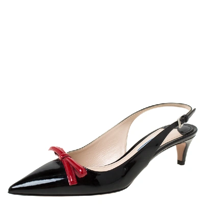 Pre-owned Prada Black/red Patent Leather Bow Pointed Toe Slingback Sandals Size 38