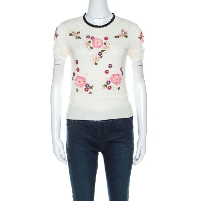 Pre-owned Red Valentino Cream Floral Applique Cotton Knit Top S