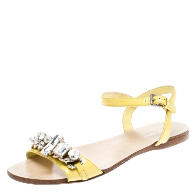 Pre-owned Miu Miu Yellow Patent Leather Crystal Embellished Ankle Strap Flat Sandals Size 37