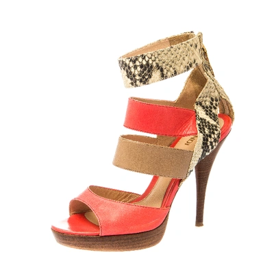 Pre-owned Fendi Tricolor Leather And Python Leather Ankle Strap Platform Sandals Size 37 In Pink