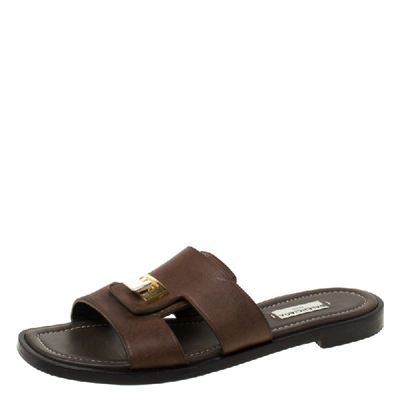 Pre-owned Balenciaga Dark Brown Leather Flip Lock Flat Slide Sandals Size 38