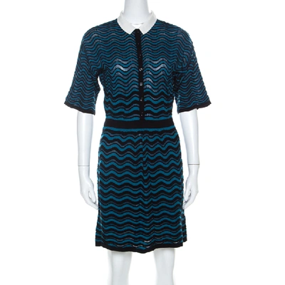 Pre-owned M Missoni Blue & Black Wave Patterned Knit Detachable Collar Short Sleeve Dress M