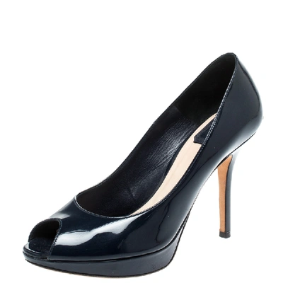 Pre-owned Dior Christian  Navy Blue Patent Leather Miss  Peep Toe Pumps Size 39
