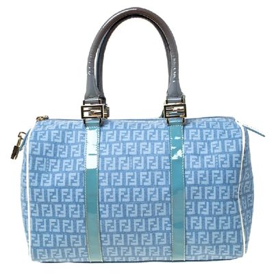 Pre-owned Fendi Blue Zucchino Coated Canvas And Patent Leather Bauletto Bowler Bag