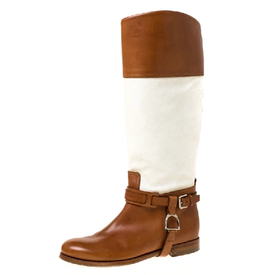 Pre-owned Ralph Lauren Tan/white Canvas And Leather Riding Knee High Boots Size 37