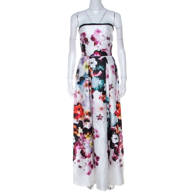 Pre-owned Elie Saab White Floral Printed Silk Satin Strapless Evening Gown S