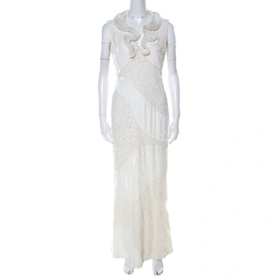 Pre-owned Alexander Mcqueen Ivory White Velvet & Lace Ruffle Collar Dress M
