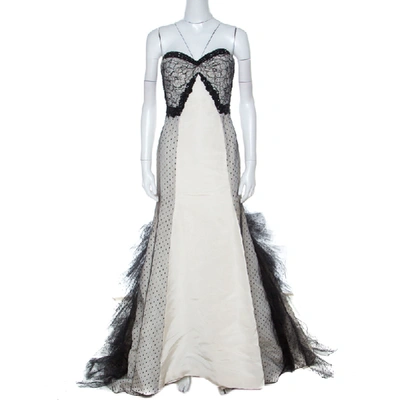 Pre-owned Oscar De La Renta Monochrome Embellished Silk And Lace Paneled Strapless Gown S In Cream