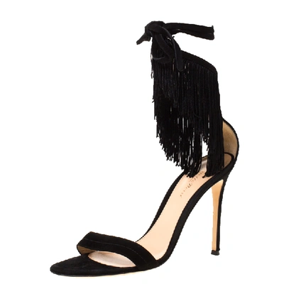 Pre-owned Gianvito Rossi Gianvitto Rossi Black Suede Olivia Fringe Ankle Wrap Sandals Size 40