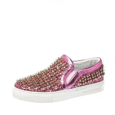Pre-owned Philipp Plein Phillip Plein Pink Leather And Glitter Spike Gall Slip On Sneakers Size 37