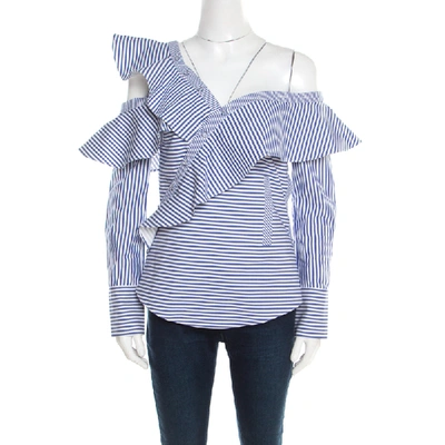 Pre-owned Self-portrait Blue And White Striped Ruffle Detail Off Shoulder Asymmetric Shirt S