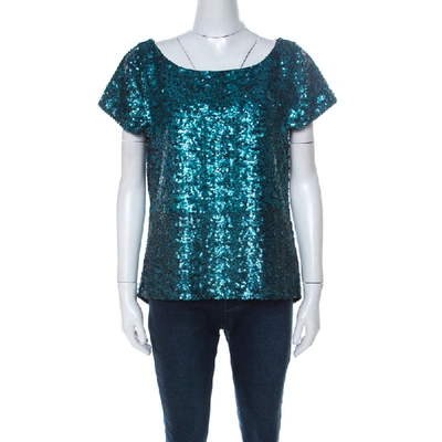 Pre-owned Alice And Olivia Teal Blue & Black Sequinned Cap Sleeves Top L
