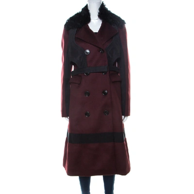 Pre-owned Burberry Prorsum Black Cherry Cashmere Detachable Fur Collar Trench Coat L In Burgundy