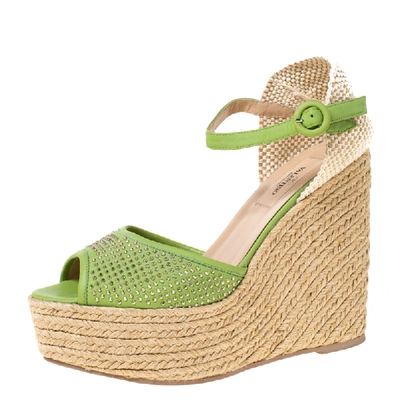 Pre-owned Valentino Garavani Green Studded Leather Espadrille Wedge Ankle Strap Sandals Size 39