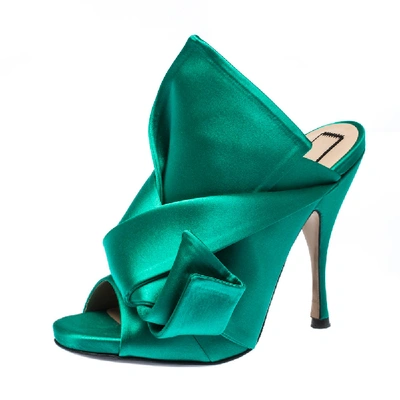 Pre-owned N°21 Emerald Green Satin Raso Knot Peep Toe Mules Size 37