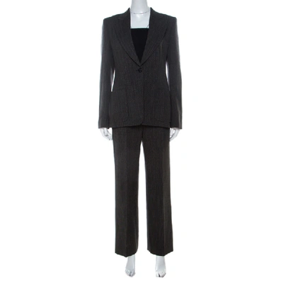 Pre-owned Max Mara Dark Brown Textured Stretch Wool Tailored Pant Suit S