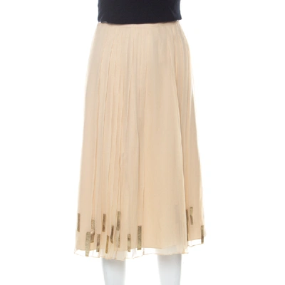 Pre-owned Elie Tahari Light Beige Pleated Silk And Gold Leather Trim Detail Midi Skirt L