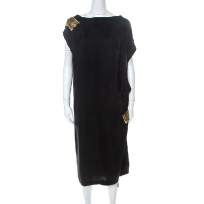 Pre-owned Dries Van Noten Black Silk Sequin Embellished Draped Dress L