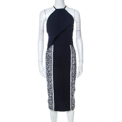 Pre-owned Roland Mouret Navy Blue & White Crepe & Tweed Zip Strap Detail Paneled Midi Dress S