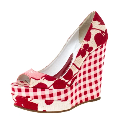 Pre-owned Kenzo Red/white Printed Canvas Peep Toe Checkered Wedge Pumps Size 36