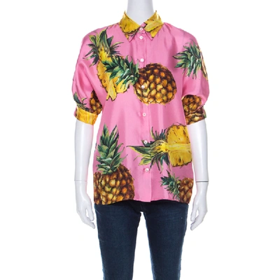 Pre-owned Dolce & Gabbana Pink Pineapple Print Silk Twill Boxy Shirt S