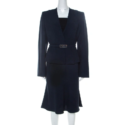 Pre-owned Valentino Navy Blue Crepe Belted Blazer And Skirt Suit L