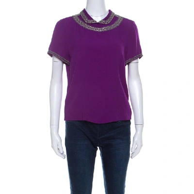 Pre-owned Isabel Marant Purple Silk Embellished Collar Half Sleeve Top L