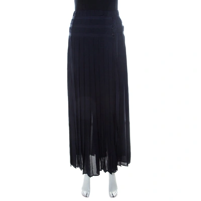 Pre-owned Joseph Navy Silk Georgette Pleated Wrap Maxi Skirt L In Navy Blue