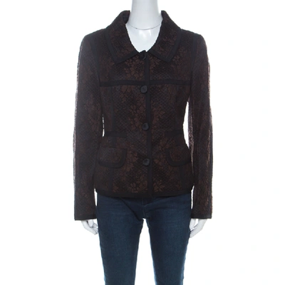Pre-owned Escada Black And Brown Lace Button Front Jacket L
