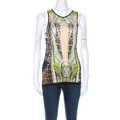 Pre-owned Roberto Cavalli Multicolor Leopard & Graphic Print Silk Jersey Lace Paneled Vest M