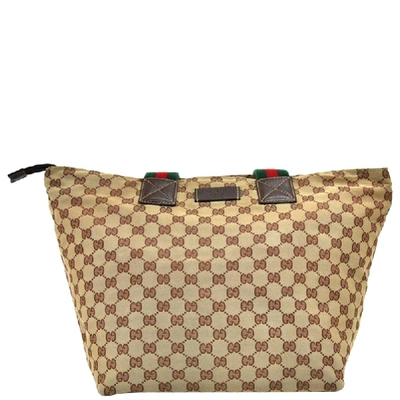 Pre-owned Gucci Beige Gg Original Woven Canvas & Striped Web Strap Tote Bag