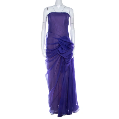 Pre-owned Tadashi Shoji Purple Tulle Ruched Bow Detail Strapless Cocktail Dress M