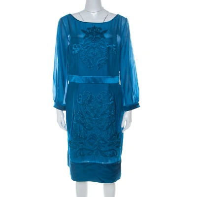 Pre-owned Philosophy Di Alberta Ferretti Teal Blue Cut Out Applique Detail Silk Dress L