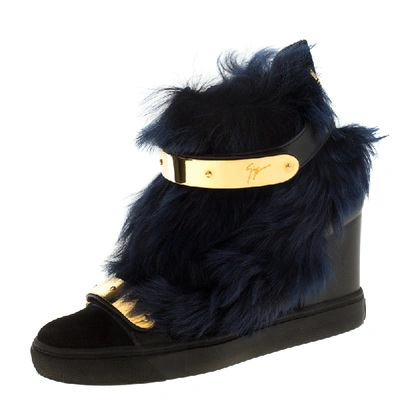 Pre-owned Giuseppe Zanotti Black/blue Leather And Beaver Fur Lorenz High Top Wedge Sneakers Size 38.5